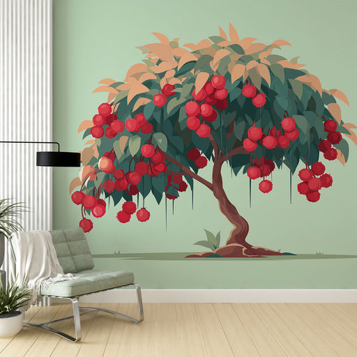 Une salle de séjour moderne avec un papier peint illustrant un arbre aux fruits rouges sur fond vert doux, créant une ambiance fraîche et naturelle.