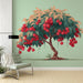 Une salle de séjour moderne avec un papier peint illustrant un arbre aux fruits rouges sur fond vert doux, créant une ambiance fraîche et naturelle.