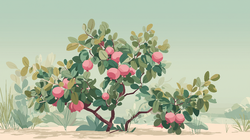 Papier peint arbre fruitier Un potager stylisé avec des fruits roses et un feuillage luxuriant