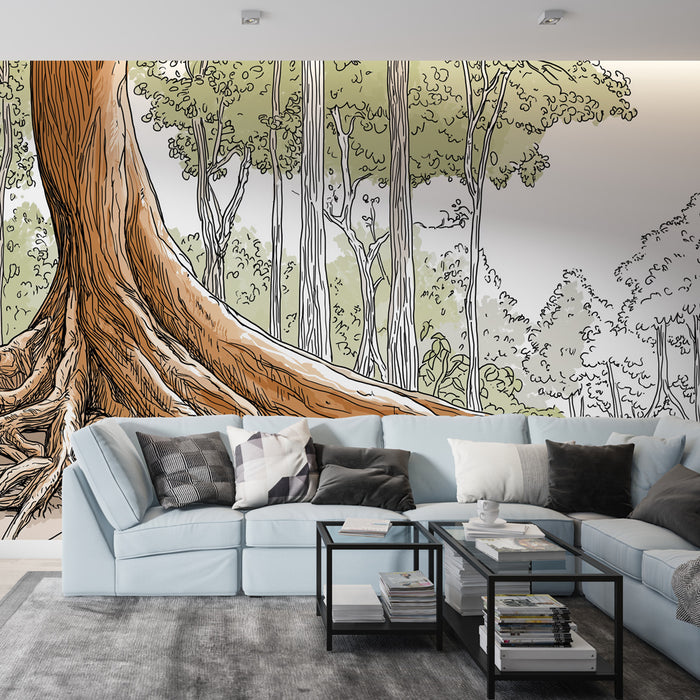 Un salon moderne avec un papier peint illustrant un grand arbre aux racines détaillées, entouré d'une forêt stylisée, créant une ambiance naturelle et apaisante.