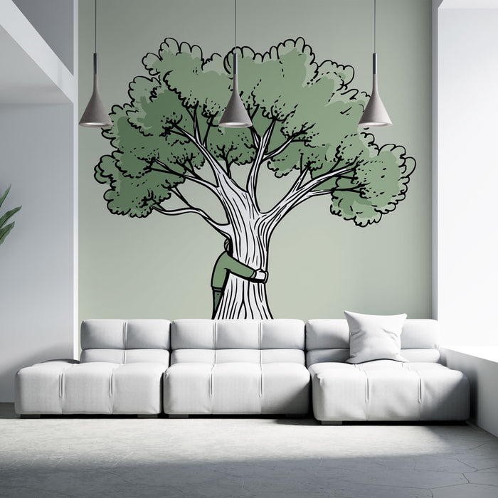 Un salon contemporain avec un papier peint illustratif représentant un arbre stylisé et une personne l'enlaçant, créant une ambiance chaleureuse et naturelle.