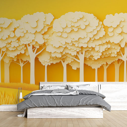 Papier peint arbre jaune avec motifs d'arbres en papier découpé pour chambre moderne