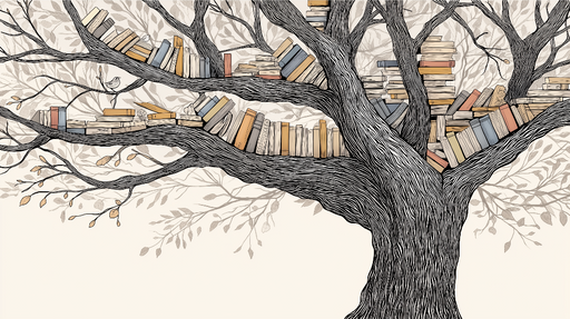 Papier peint arbre littéraire Un arbre majestueux chargé de livres colorés et de feuilles délicates