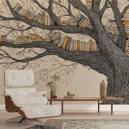 Une pièce moderne avec un papier peint illustrant un arbre stylisé, ses branches chargées de livres aux teintes variées, créant une atmosphère chaleureuse et inspirante.