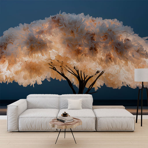 Un salon moderne avec un papier peint représentant un arbre aux fleurs blanches et dorées sur fond bleu nuit, créant une atmosphère douce et apaisante.