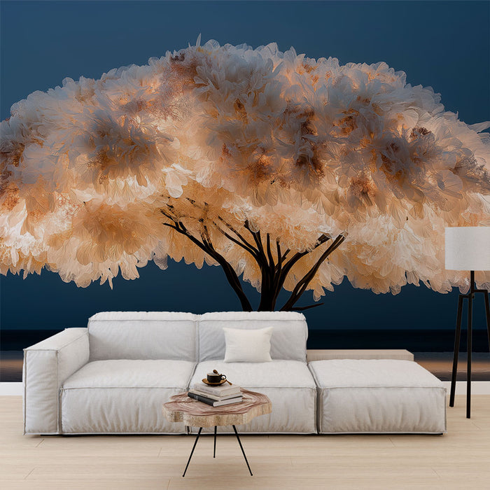 Un salon moderne avec un papier peint représentant un arbre aux fleurs blanches et dorées sur fond bleu nuit, créant une atmosphère douce et apaisante.