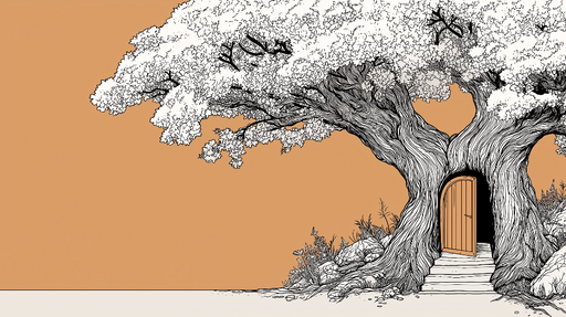 Papier peint arbre magique Illustration d'un arbre aux racines noueuses avec une porte accueillante