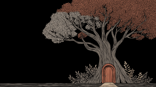 Papier peint arbre magique Un majestueux arbre aux feuilles colorées avec une porte mystérieuse