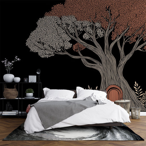Une chambre moderne avec un papier peint représentant un grand arbre aux feuilles colorées sur fond noir, créant une ambiance artistique et chaleureuse.