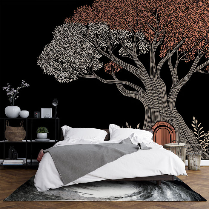 Une chambre moderne avec un papier peint représentant un grand arbre aux feuilles colorées sur fond noir, créant une ambiance artistique et chaleureuse.