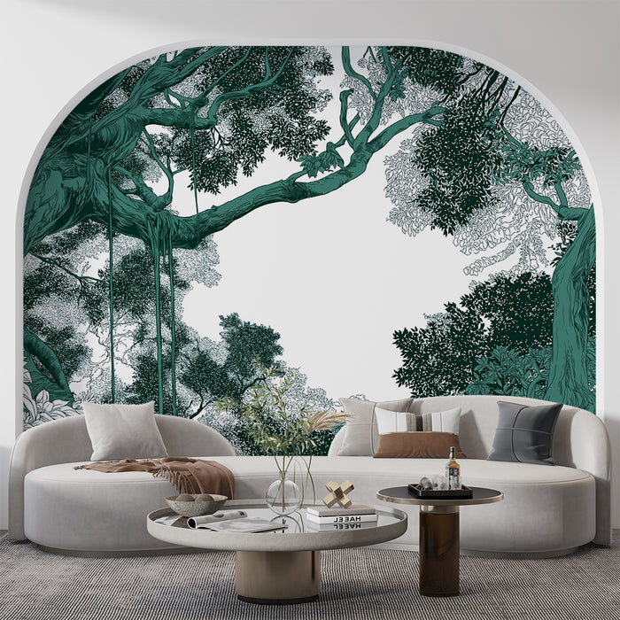 Papier peint arbre majestueux | Détails artistiques d'un arbre avec feuillage luxuriant en teintes vertes