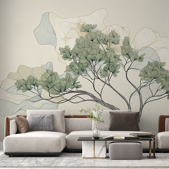 Un salon moderne avec un papier peint illustrant des branches délicates et des feuilles vertes sur fond beige, créant une atmosphère apaisante et naturelle.