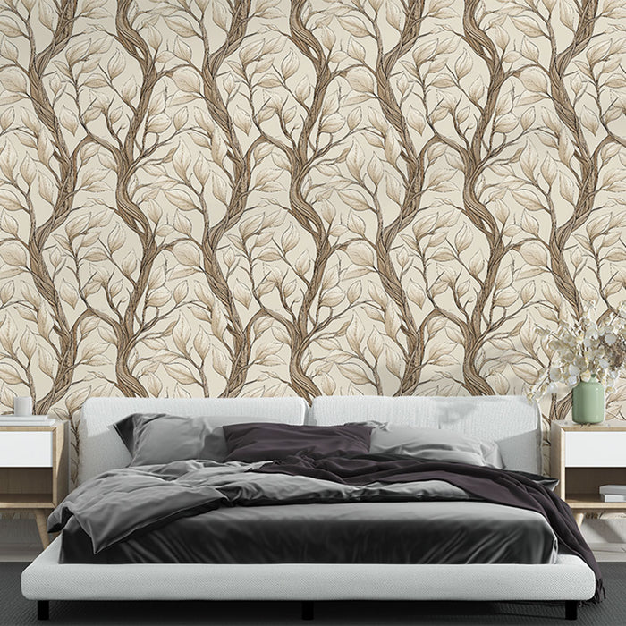 Une chambre moderne avec un papier peint aux motifs de branches et de feuilles dans des tons beige et brun, créant une atmosphère naturelle et apaisante.