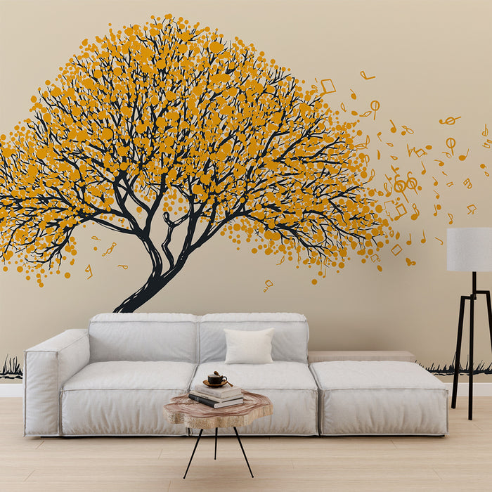 Un salon moderne avec un papier peint représentant un arbre aux feuilles jaunes et des notes de musique, créant une atmosphère joyeuse et artistique.