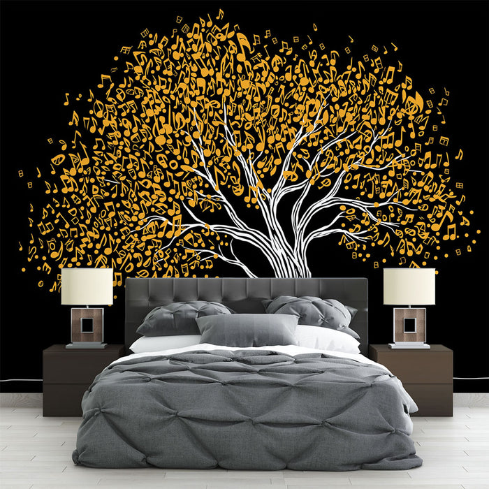 Une chambre moderne avec un papier peint artistique représentant un arbre aux feuilles musicales dorées sur fond noir, créant une atmosphère dynamique et créative.