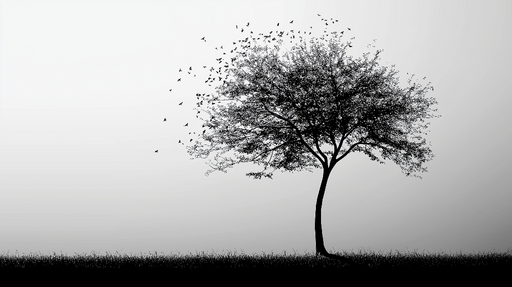 Papier peint arbre noir et blanc Envolée d'oiseaux