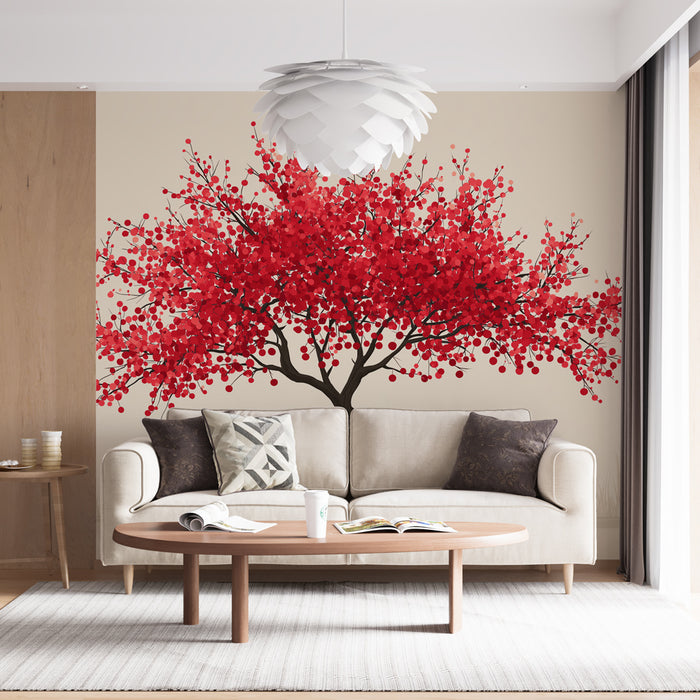 Un salon lumineux avec un papier peint représentant un arbre aux feuilles rouges vives sur fond beige, créant une atmosphère chaleureuse et accueillante.