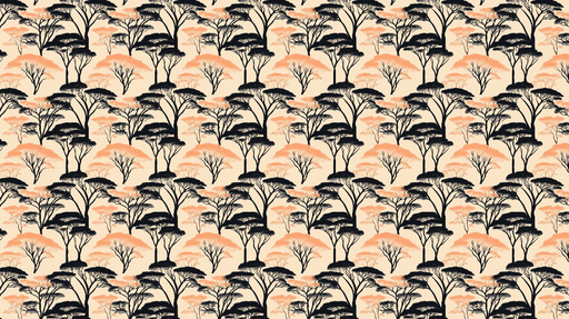 Papier peint arbre silhouette Motif d'arbres noirs et touches d'orange sur fond beige