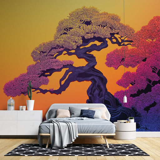 Papier peint arbre stylisé avec couleurs vibrantes sur fond dégradé pour décoration murale moderne.
