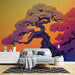 Papier peint arbre stylisé avec couleurs vibrantes sur fond dégradé pour décoration murale moderne.