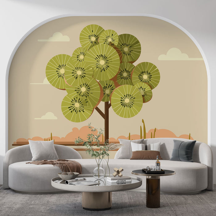 Un salon contemporain avec un papier peint illustrant un arbre stylisé aux grandes feuilles vertes sur fond beige, créant une atmosphère chaleureuse et apaisante.