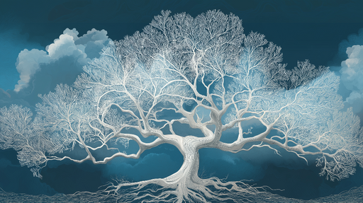 Papier peint arbre stylisé Arbre majestueux en tonalités bleues et blanches