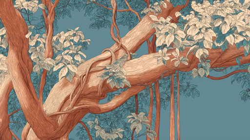 Papier peint arbre stylisé Branches entrelacées et feuillage délicat sur fond bleu