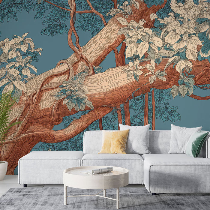 Papier peint arbre stylisé | Branches entrelacées et feuillage délicat sur fond bleu