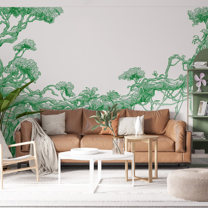 Une pièce de vie moderne avec un papier peint représentant des arbres et des feuillages en vert sur fond blanc, créant une ambiance naturelle et apaisante.