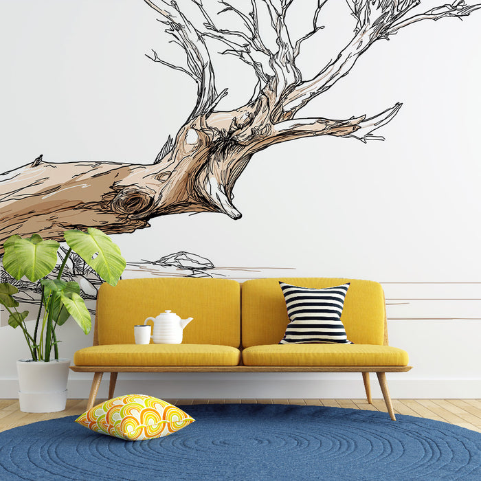 Un salon moderne avec un papier peint représentant un arbre stylisé en lignes noires et brunes, créant une ambiance artistique et naturelle.
