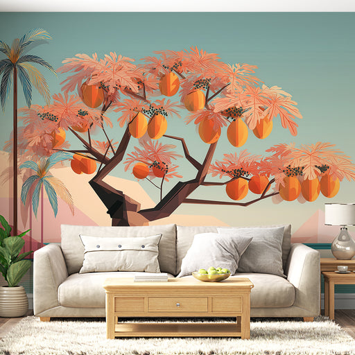 Une pièce de vie moderne avec un papier peint tropical représentant un arbre aux fruits orange et des feuilles roses, créant une ambiance chaleureuse et estivale.