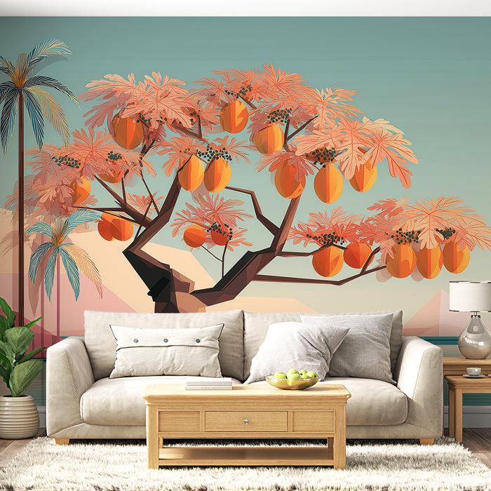 Une pièce de vie moderne avec un papier peint tropical représentant un arbre aux fruits orange et des feuilles roses, créant une ambiance chaleureuse et estivale.