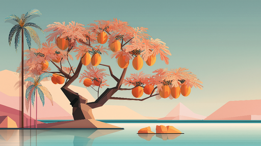 Papier peint arbre tropical Un paysage avec un arbre aux fruits lumineux et des palmiers
