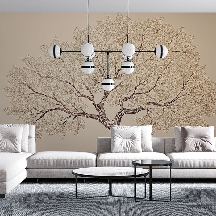 Un salon moderne avec un papier peint représentant un grand arbre aux branches délicates et aux feuilles stylisées, créant une atmosphère apaisante et naturelle.