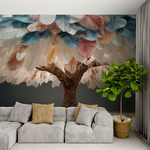 Un salon moderne avec un papier peint représentant un arbre aux feuilles colorées en bleu, rose et crème, créant une atmosphère chaleureuse et artistique.