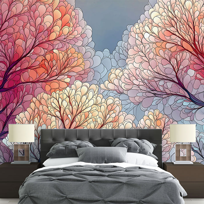 Une chambre moderne avec un papier peint floral aux teintes douces de rose et bleu, créant une atmosphère apaisante et rêveuse.