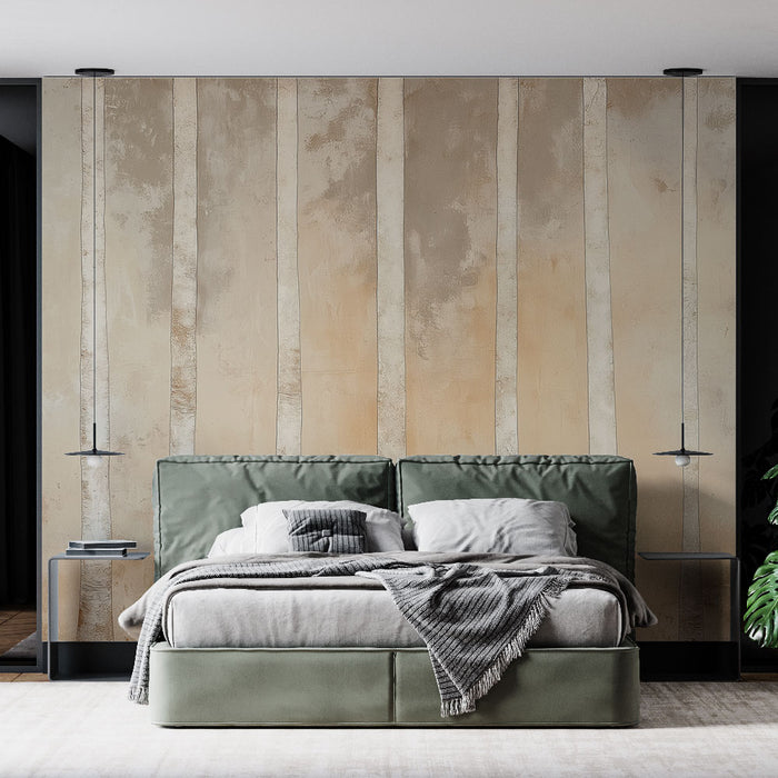 Une chambre moderne avec un papier peint aux nuances beige et crème, évoquant des bandes texturées, créant une atmosphère chaleureuse et apaisante.