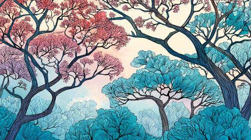 Papier peint arbres artistiques Fleurs roses et feuillage bleu aquarelle