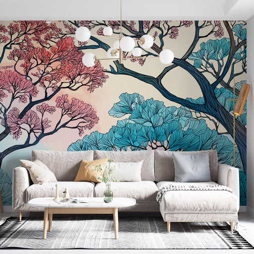 Une pièce de salon élégante avec un papier peint artistique représentant des branches stylisées aux fleurs roses et feuillages turquoise, créant une ambiance apaisante et moderne.
