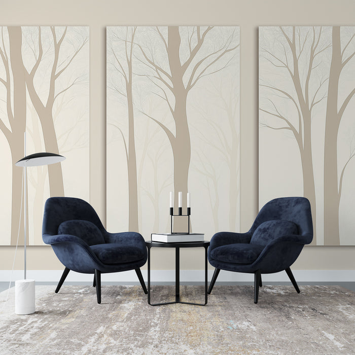 Une pièce moderne avec un papier peint représentant des arbres stylisés en tons beige sur fond clair, créant une atmosphère apaisante et naturelle.