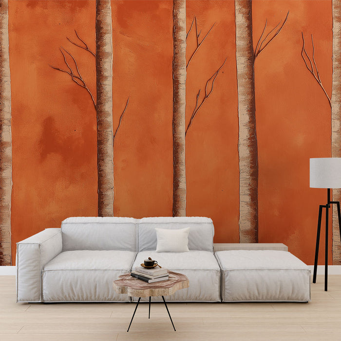 Une pièce moderne avec un papier peint représentant des troncs d'arbres stylisés sur fond orange, créant une atmosphère chaleureuse et accueillante.