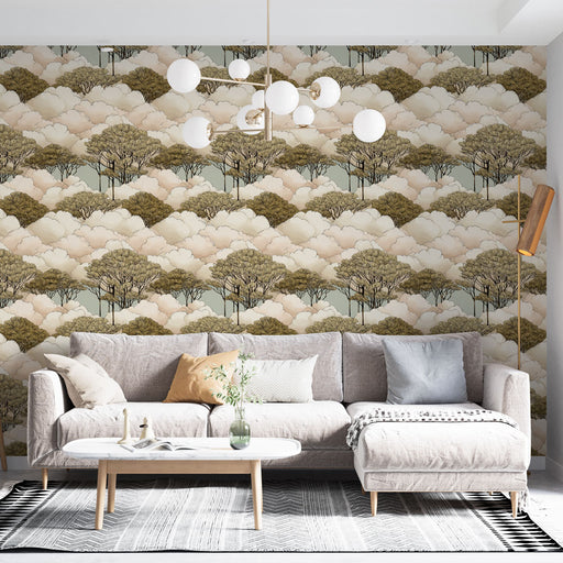 Un salon moderne avec un papier peint aux motifs de nuages et d’arbres dans des teintes douces de beige et vert, créant une atmosphère apaisante et naturelle.
