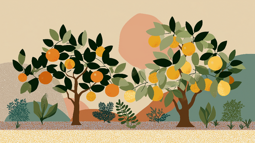 Papier peint arbres fruitiers Illustrations colorées d'arbres à agrumes avec des fruits dorés