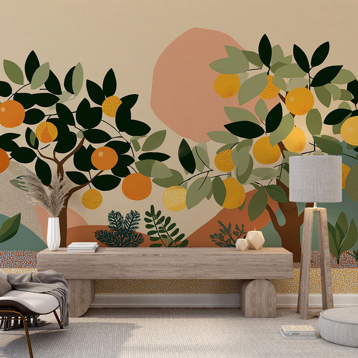 Une pièce lumineuse avec un papier peint illustrant des arbres fruitiers aux oranges vibrantes, des feuilles vertes et des formes abstraites dans des teintes douces.