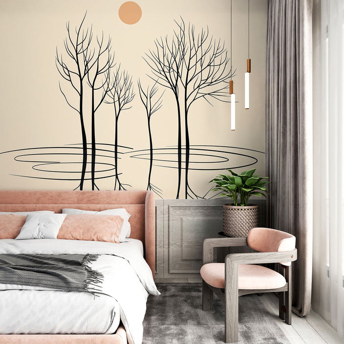 Papier peint minimaliste avec silhouettes d'arbres noires sur fond beige pour chambre moderne