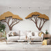 Papier peint design avec arbres stylisés en papier découpé et feuillage naturel pour salon moderne