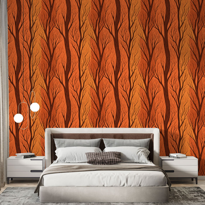 Une chambre moderne avec un papier peint aux motifs d'arbres stylisés dans des teintes chaudes d'orange et de brun, créant une atmosphère chaleureuse et accueillante.
