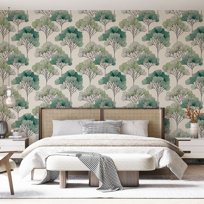 Une chambre élégante avec un papier peint représentant des arbres aux feuillages verts et aquarellés sur fond clair, créant une atmosphère apaisante et naturelle.