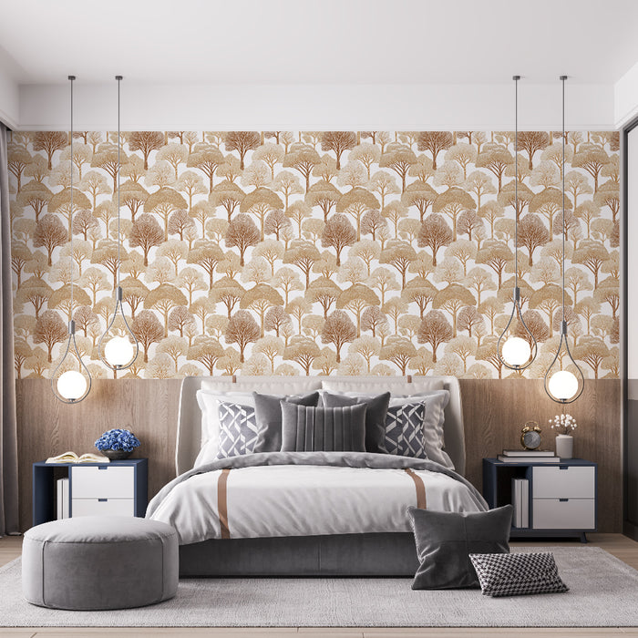 Une chambre moderne avec un papier peint aux motifs d'arbres stylisés en tons beige et marron, créant une atmosphère chaleureuse et accueillante.
