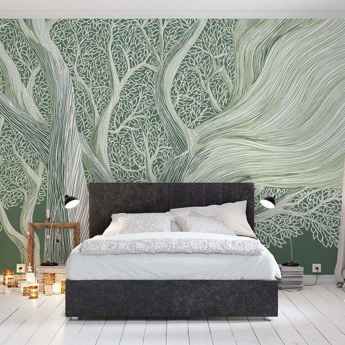 Papier peint arbres stylisés | Motif délicat de branches et feuilles sur fond vert